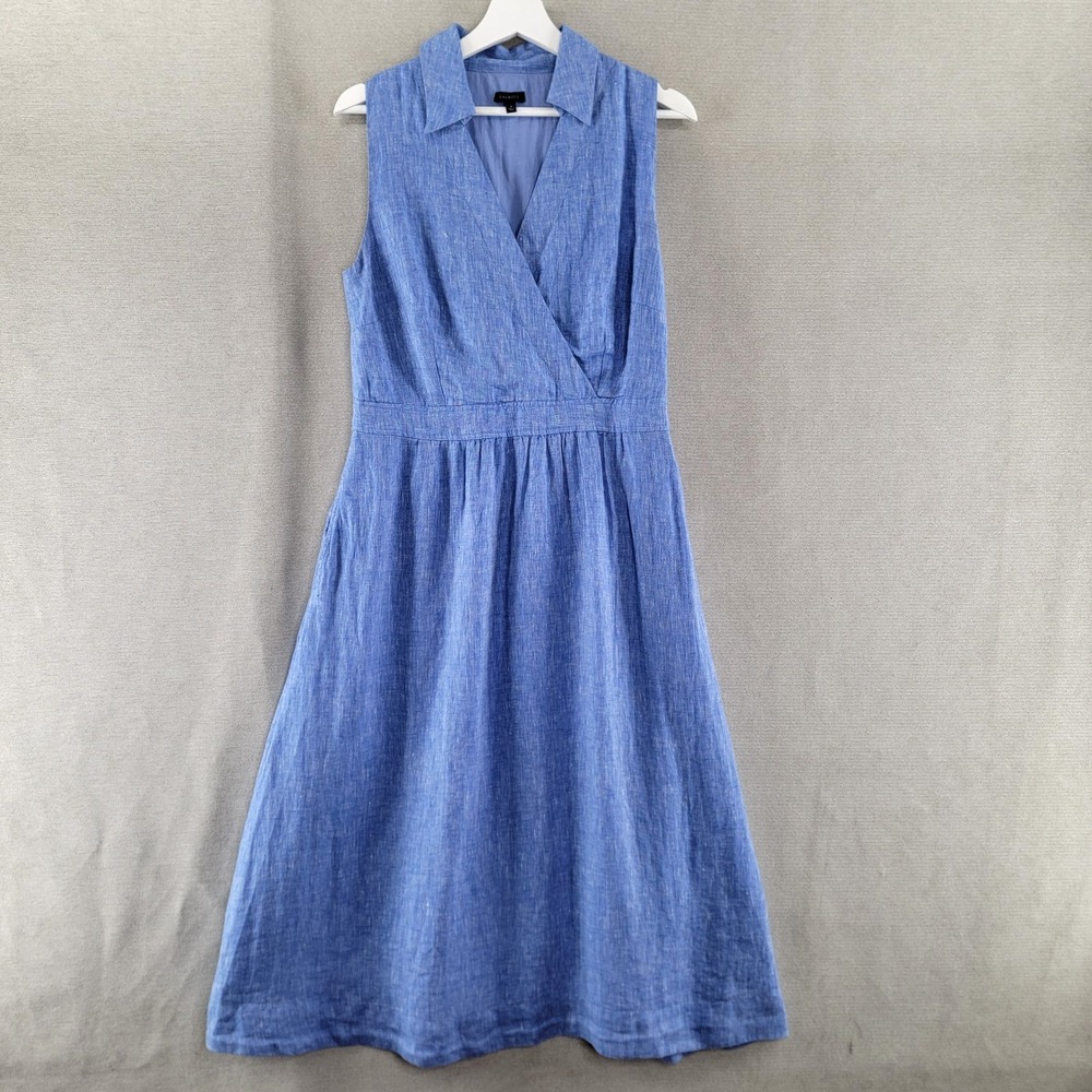 Talbots Womens Dress 100% Linen Faux Wrap Coastal A-Line Midi Pockets Size 8